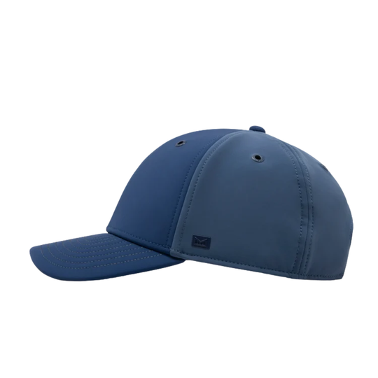 A blue structured baseball cap with a curved brim, shown from a side profile view against a plain white background.