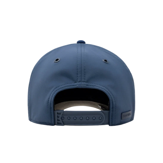 The back view of a navy blue baseball cap with an adjustable snapback closure and a small brand tag on the side, shown against a plain white background.