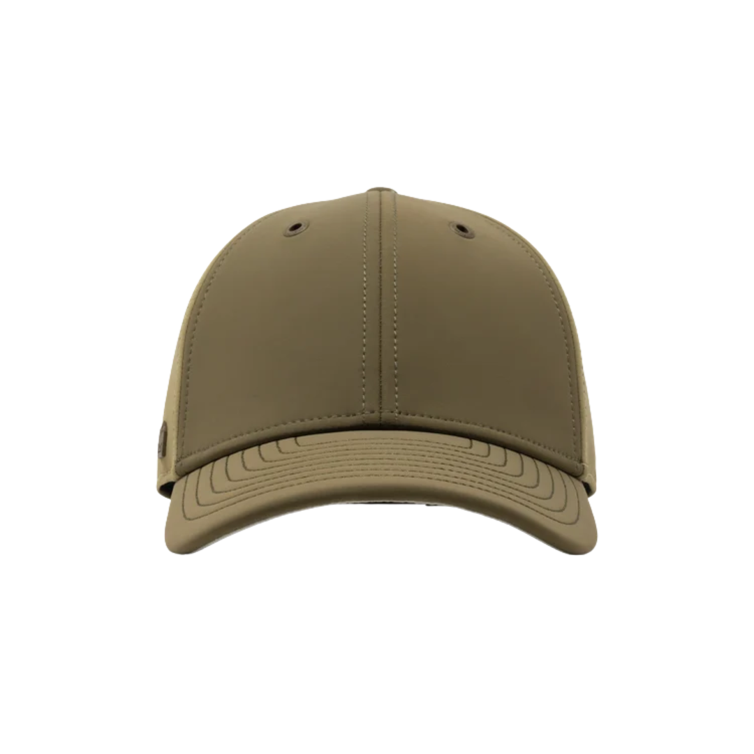 A structured baseball cap in a solid olive drab green color, shown from the front on a plain white background.