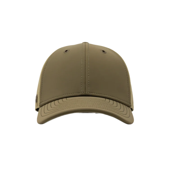 A structured baseball cap in a solid olive drab green color, shown from the front on a plain white background.