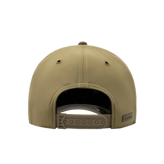 The back view of a structured baseball cap in a solid tan/khaki color, featuring a matching fabric strap and button closure, set against a plain white background.