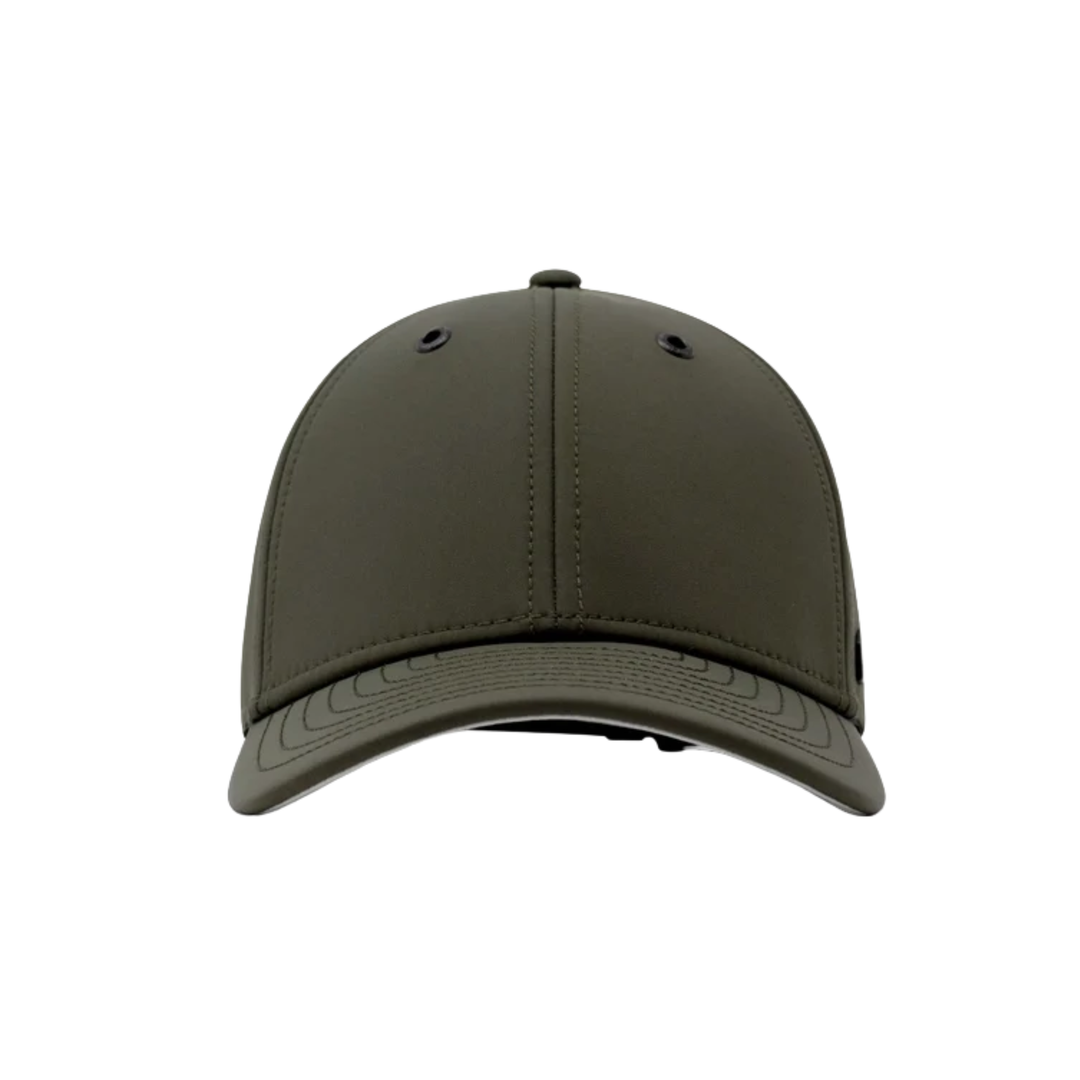 An olive green baseball cap shown from a front profile view against a solid white background. The cap features a curved brim, structured six-panel crown, ventilation eyelets, and a small black embroidered logo on the side.