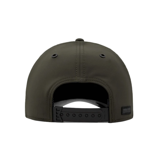 An olive green baseball cap shown from a back profile view against a solid white background. The cap features a curved brim, structured six-panel crown, ventilation eyelets, and a small black embroidered logo on the side.