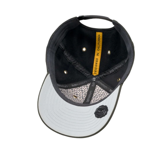 An olive green baseball cap shown from a inside profile view against a solid white background. The cap features a curved brim, structured six-panel crown, ventilation eyelets, and a small black embroidered logo on the side.