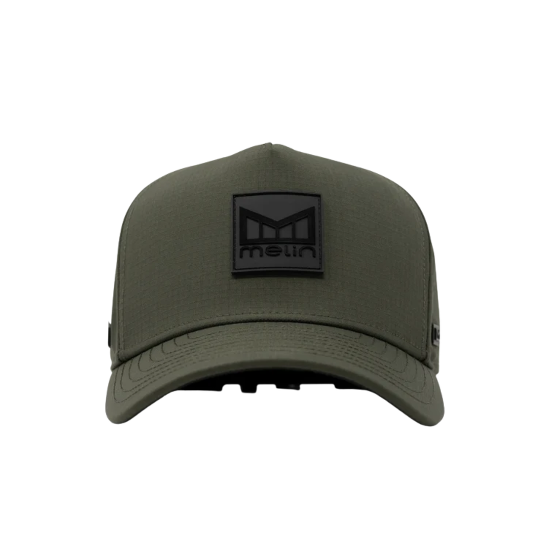 An olive green trucker-style cap with a black rectangular logo patch on the front that reads 'melin'.