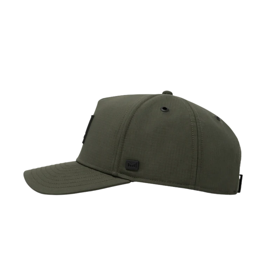 An olive green trucker-style cap with a black rectangular logo patch on the front that reads 'melin'.