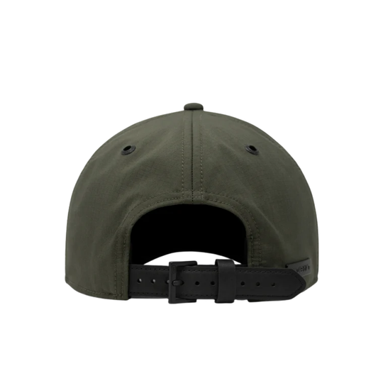 Rear view of an olive green baseball cap with a black adjustable strap and buckle, shown on a plain white background.