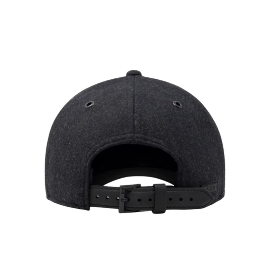 Rear view of a black structured baseball cap with an adjustable black strap and buckle, shown on a plain white background.