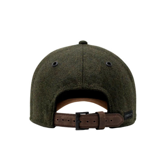 Back view of an olive green felt baseball cap with a brown adjustable leather strap and black buckle, on a white background.