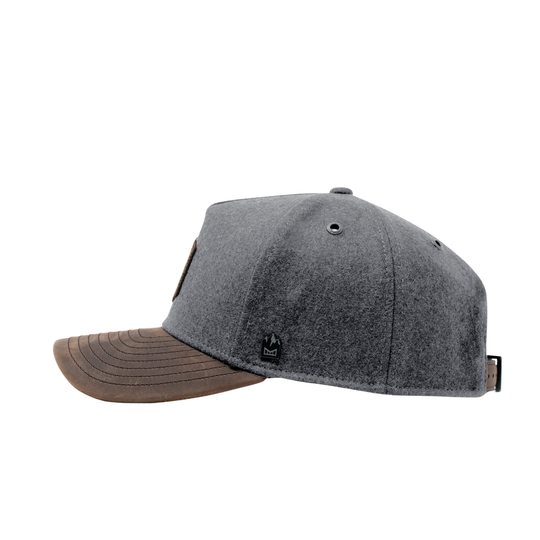 Grey cap with a logo on a light gray background