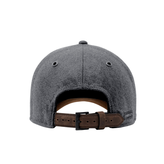Rear view of a dark gray felt baseball cap with a brown leather adjustable strap and black buckle, shown on a plain white background.