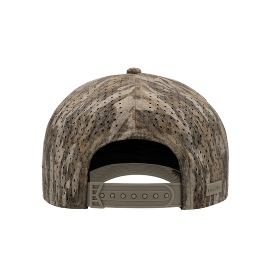 Rear view of a baseball cap in a brown and beige woodland camouflage pattern, featuring a breathable perforated crown and an adjustable hook-and-loop strap.