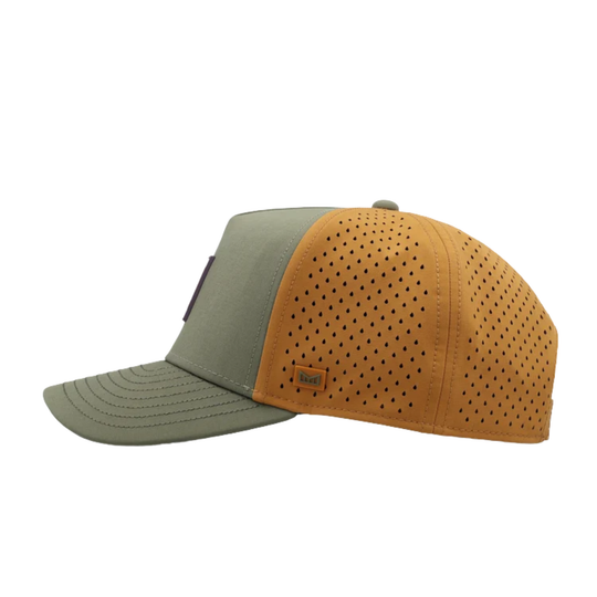 A two-tone baseball cap with an olive green front panel and brim, and a mustard yellow perforated back panel, shown against a plain white background.