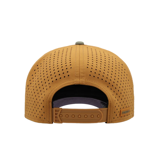 A rear view of a structured snapback cap in a warm camel brown color, featuring a perforated design across the crown and a matching adjustable strap.