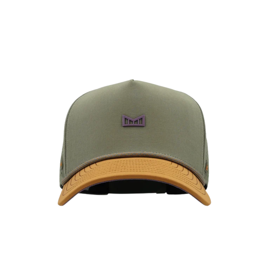 An olive green baseball cap with perforated panels on the front and side, featuring a contrasting tan visor and a small purple embroidered logo on the center.