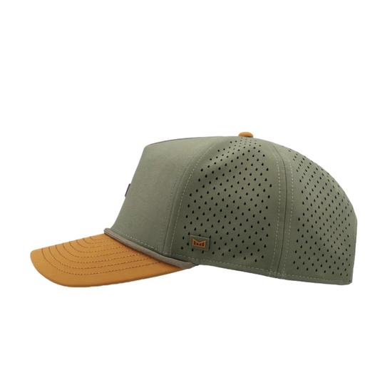 An olive green baseball cap with perforated panels on the front and side, featuring a contrasting tan visor and a small orange embroidered logo on the side.
