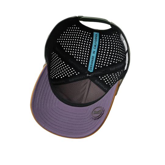 A baseball cap with a black perforated mesh back, a lavender-purple curved brim, and a light brown leather edge, shown on a plain white background.