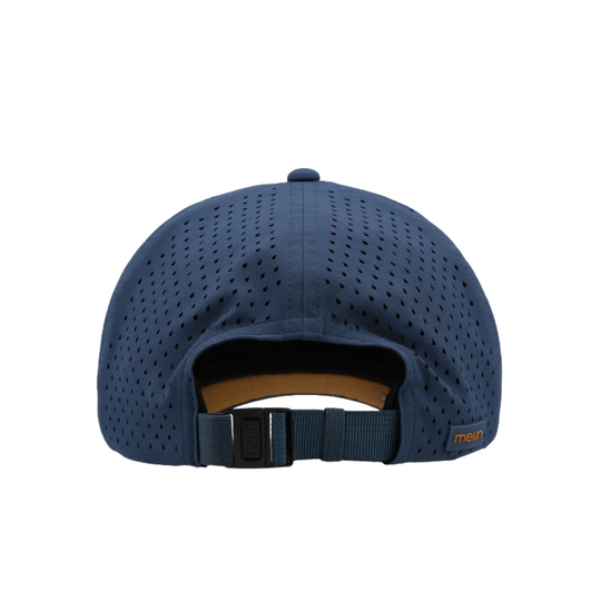 A navy blue perforated baseball cap shown from the back, featuring a black adjustable strap and a small orange 'melin' logo on the side.