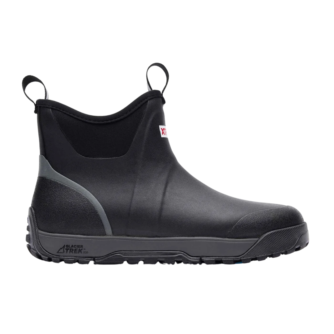 A black rubber slip-on ankle boot with a thick platform sole and a black elastic side panel, shown in profile against a light gray background.
