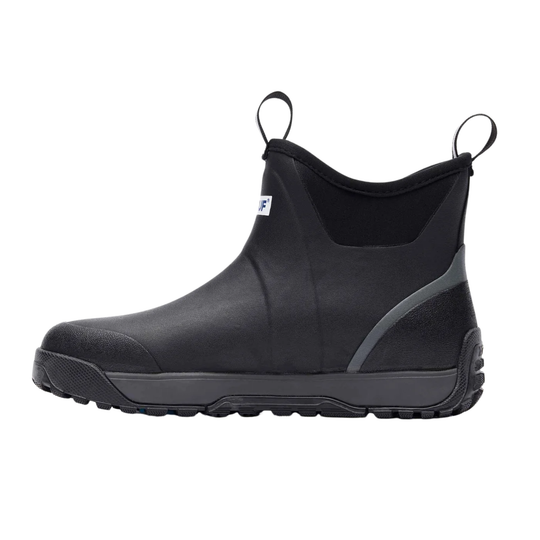 A black rubber slip-on ankle boot with a thick platform sole and a black elastic side panel, shown in profile against a light gray background.