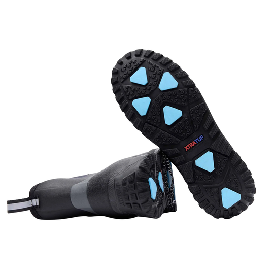 Black waterproof boots with bright blue geometric accents on the sole, shown from the bottom to display the tread pattern and brand logo.