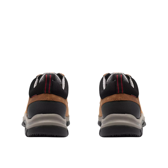 A pair of black and brown athletic sneakers shown from the back, featuring a black mesh upper, brown suede overlays, and a thick black and gray sole.