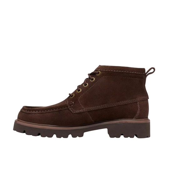 A dark brown suede lace-up ankle boot with a chunky lug sole, shown in a side profile view against a plain white background.