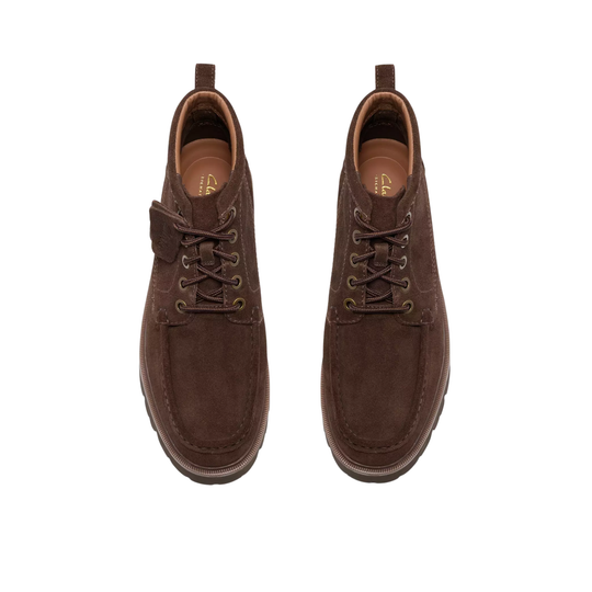 A pair of dark brown suede lace-up ankle boots shown from a top-down view on a plain white background.