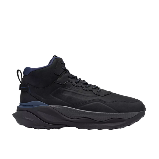 A black high-top sneaker with a chunky, layered sole, black laces, and subtle blue accents on the collar and midsole, shown from a side profile on a white background.