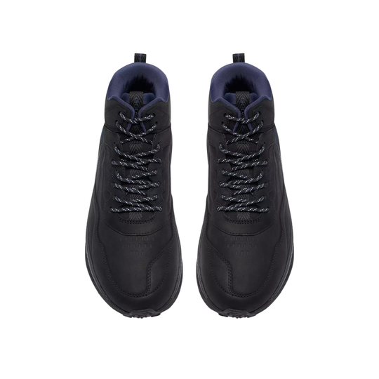 A pair of black leather lace-up ankle boots with dark navy blue lining and textured laces, shown from a top-down view on a white background.