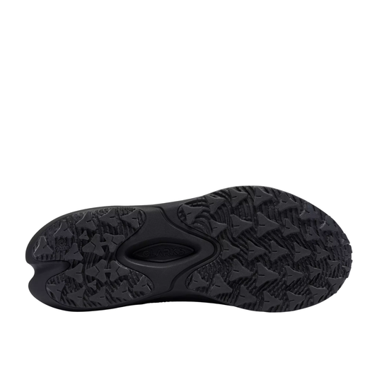 The black textured rubber outsole of a shoe, shown from a top-down view against a plain white background.