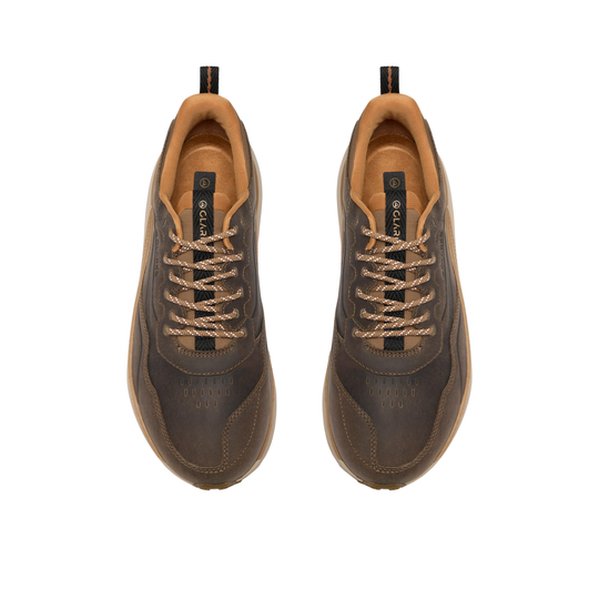 A pair of brown leather low-top sneakers shown from a top-down view on a solid white background. The shoes feature a dark brown leather upper with lighter brown laces, a tan interior lining, and a black pull tab at the heel.