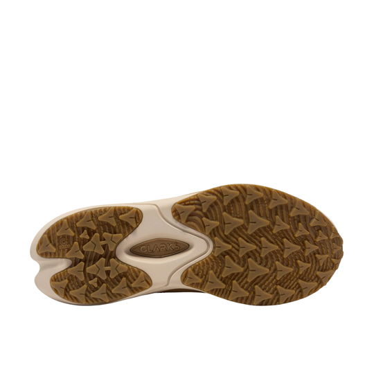 Close-up of a shoe sole with a textured pattern on a white background