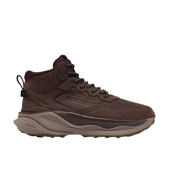Brown high-top sneaker with a brand logo on a white background