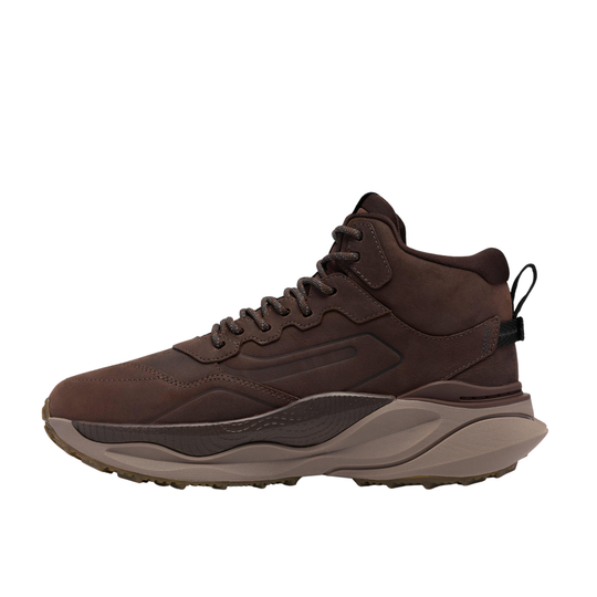 A dark brown mid-top athletic sneaker with a chunky, layered sole in brown and beige, shown from a side profile on a white background.