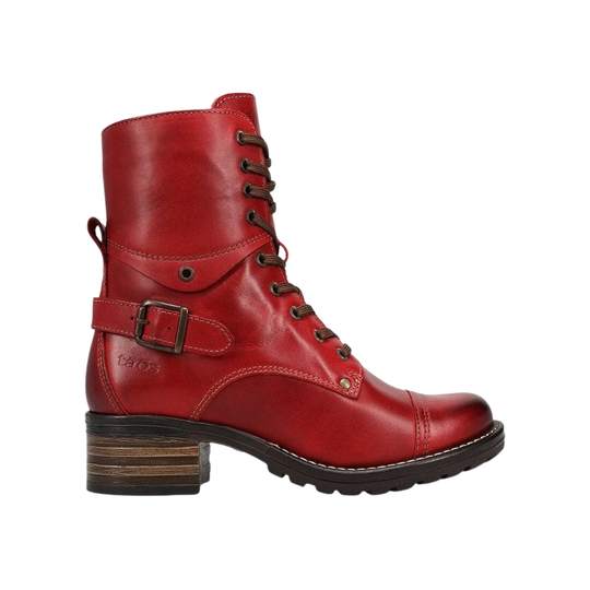 A red leather lace-up ankle boot with a chunky stacked wood-look heel, a buckle strap detail on the side, and a pull tab, shown against a plain white background.