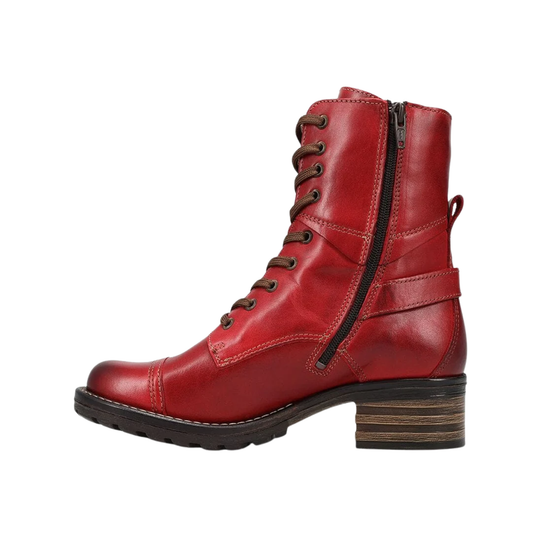 A red leather lace-up ankle boot with a side zipper, brown laces, and a stacked wood-look heel, shown from a side profile on a white background.
