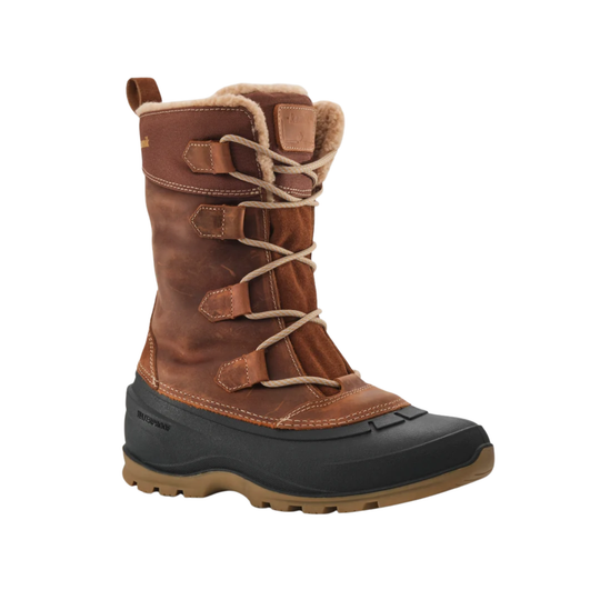 A brown winter boot with a black rubber toe cap and sole, featuring tan laces, faux-leather straps, and a beige shearling lining at the collar, shown against a plain white background.