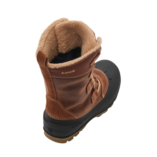 A brown suede and leather winter boot with a black rubber sole and a tan fleece lining, shown from a rear three-quarter angle on a white background.