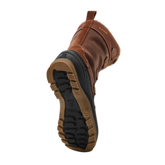 A brown leather mid-calf boot shown from a rear three-quarter angle, displaying its black and brown treaded sole against a solid white background.