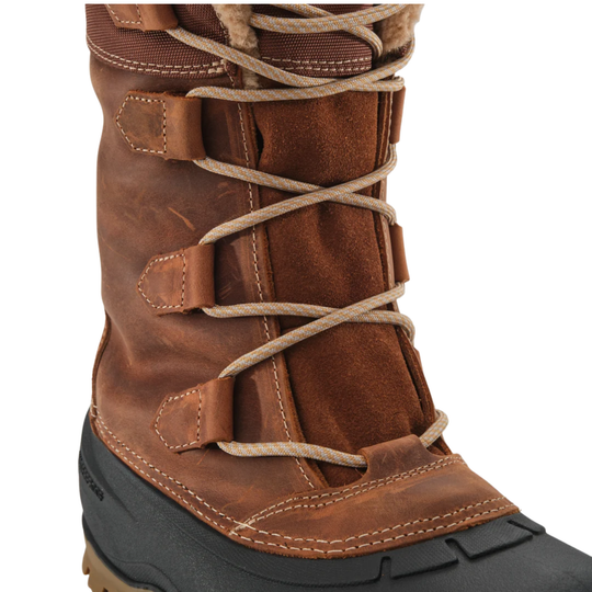 A close-up of a brown leather lace-up boot with thick tan laces, contrast stitching, and a black rubber sole on a white background.