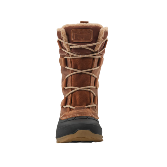 A brown suede and leather lace-up winter boot with a black rubber sole and light tan laces, shown from the back on a white background.
