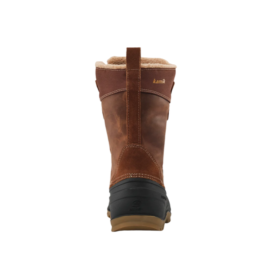 A single brown leather winter boot shown from the back, featuring a tan shearling lining at the collar, a pull tab, and a black rubber sole, on a solid white background.