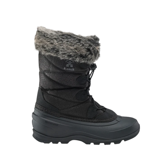 A single black Kamik winter boot with a gray faux-fur trim around the collar, shown in a side profile on a white background.