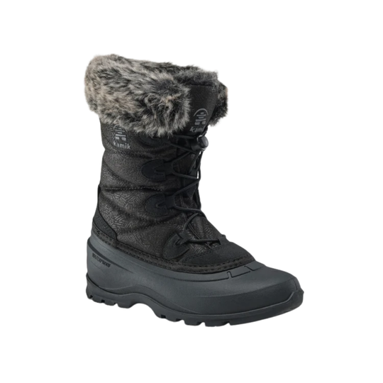 A single Kamik snow boot in black with a gray faux-fur trim around the collar, shown against a plain white background.