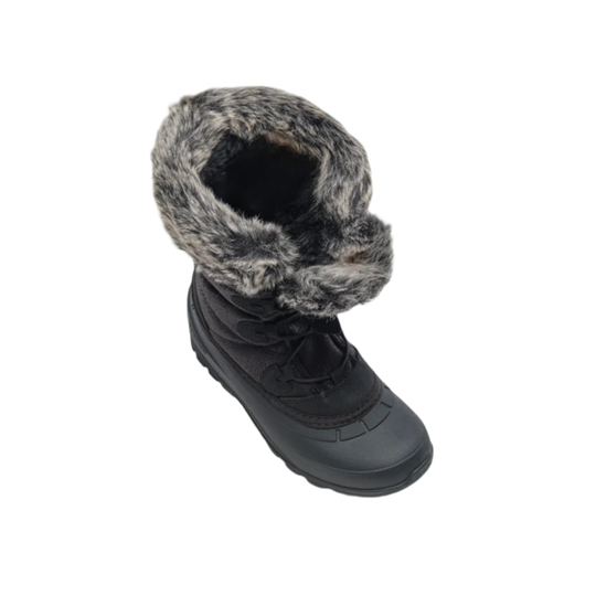 A single black winter boot with a thick, fluffy faux-fur cuff in a gray and black pattern, shown from a high-angle perspective on a plain white background.