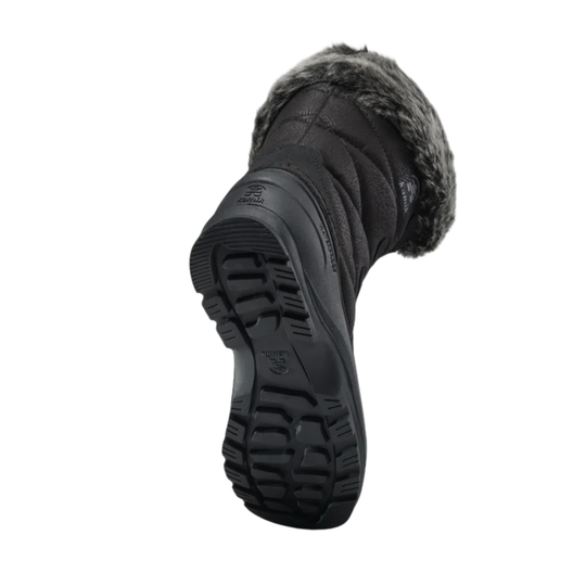 A single black winter boot with a plush faux-fur trim around the collar, shown from a rear three-quarter angle to display the treaded sole, on a solid white background.