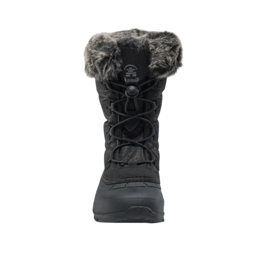 A single black winter boot with a gray faux-fur trim around the collar, shown from a front-facing perspective on a solid white background.