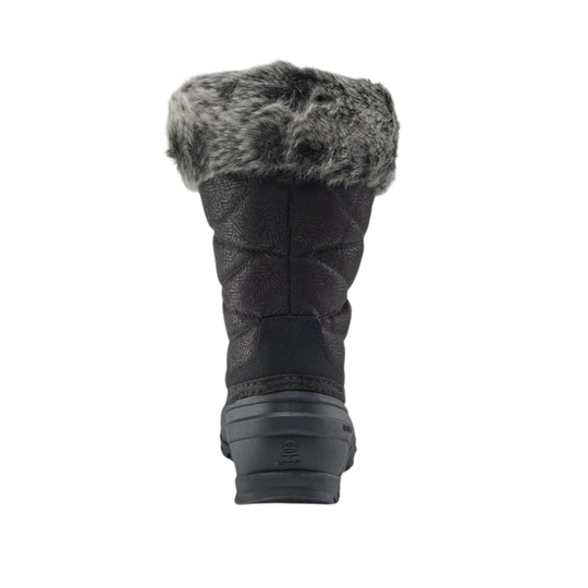 A single black winter boot with a quilted leather-like shaft, a thick gray faux-fur trim at the top, and a black sole, shown from the back on a white background.