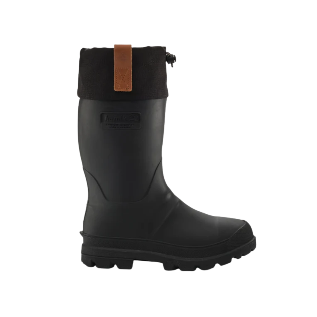 A single black rubber rain boot with a black fleece cuff, a brown leather pull tab, and a black sole, shown from a side profile on a white background.